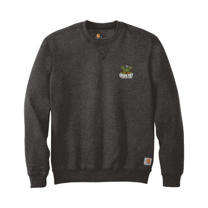 Front view of a grey heathered crewneck sweatshirt laid flat. A small, embroidered logo for "Cheba Hut Toasted Subs," featuring a tiki hut and palm trees, is on the upper left chest.