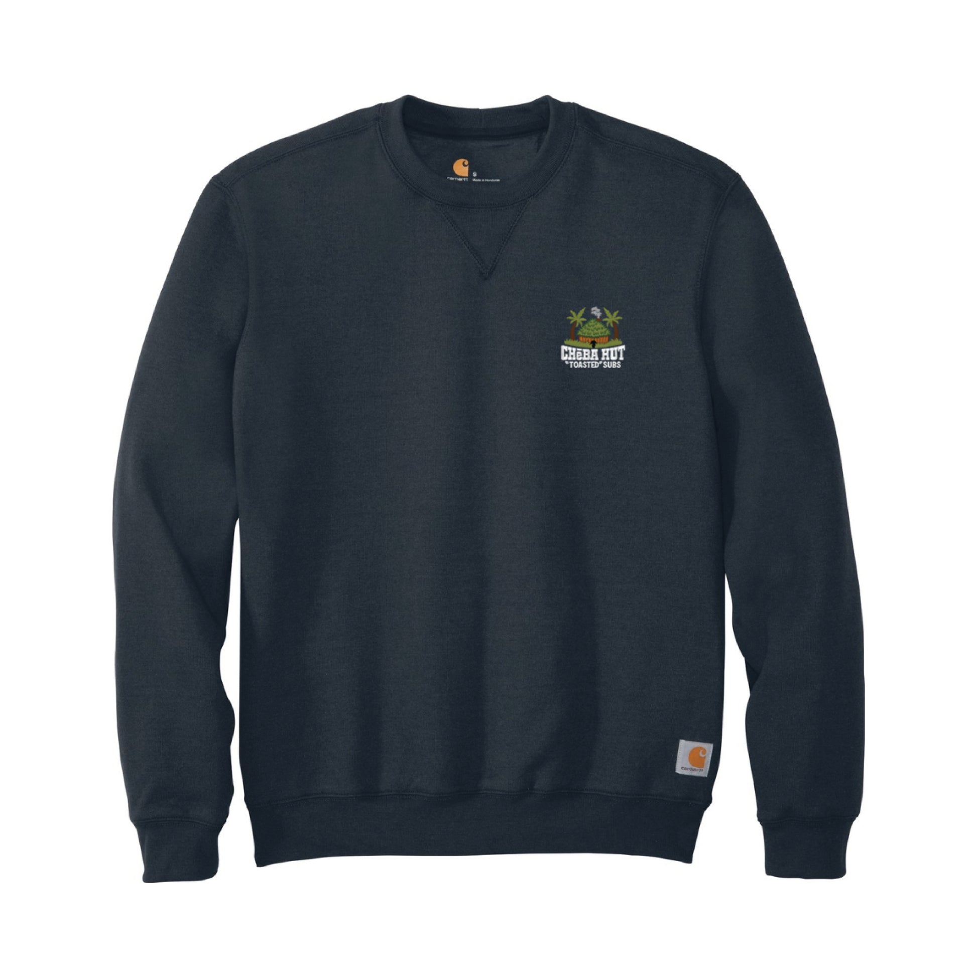 Front view of a navy crewneck sweatshirt laid flat. A small, embroidered logo for "Cheba Hut Toasted Subs," featuring a tiki hut and palm trees, is on the upper left chest.