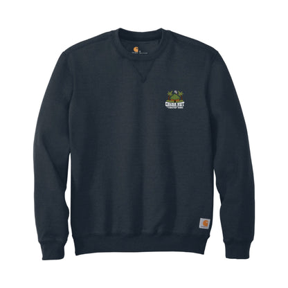 Front view of a navy crewneck sweatshirt laid flat. A small, embroidered logo for "Cheba Hut Toasted Subs," featuring a tiki hut and palm trees, is on the upper left chest.