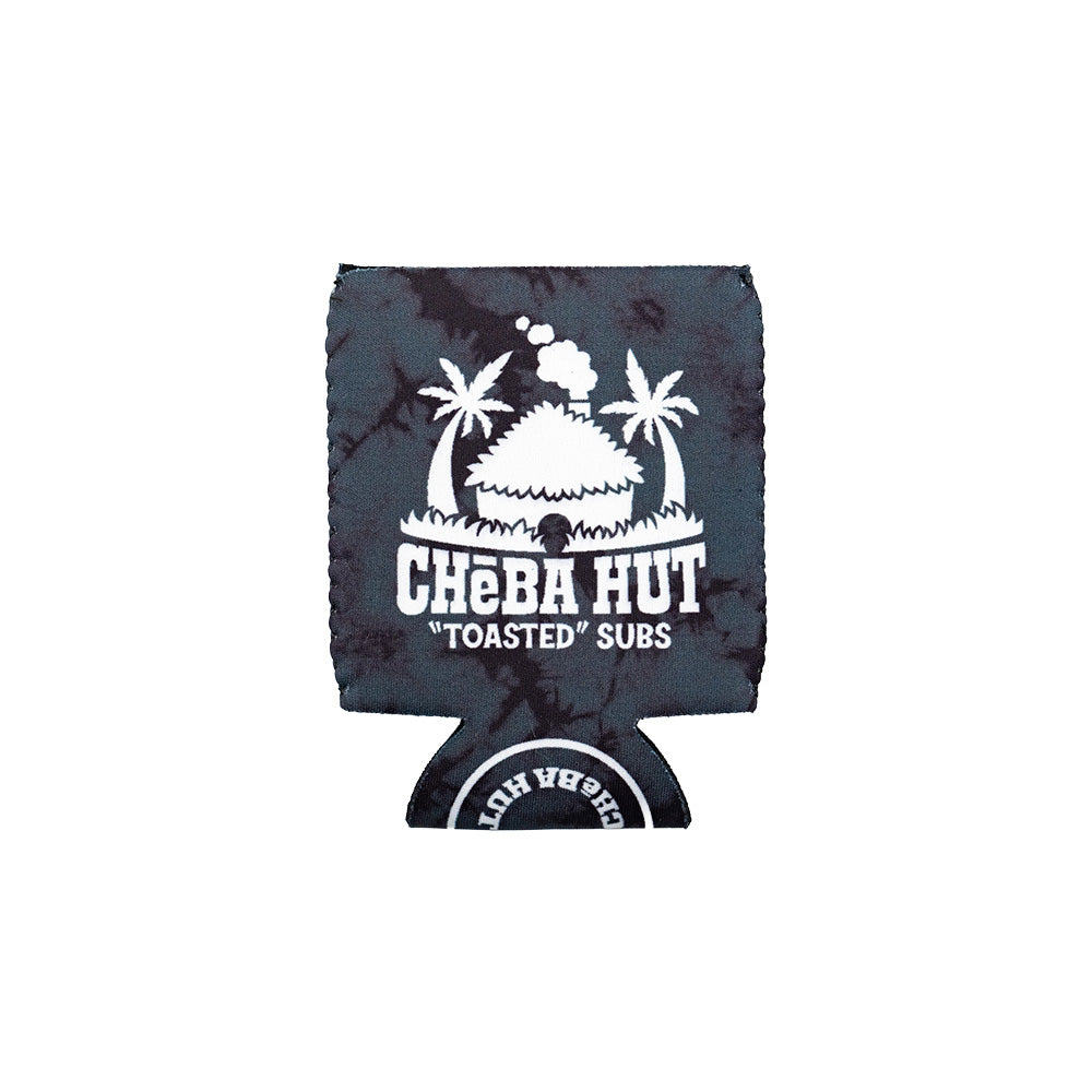 A dark charcoal gray can cooler sleeve featuring a white Cheba Hut logo, shown on a clean white background.