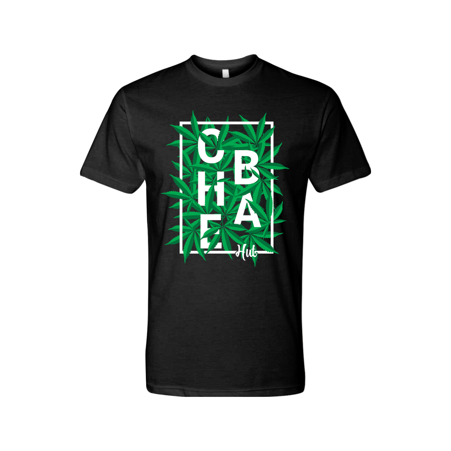 A black short-sleeved t-shirt featuring the white block letters 'C.H.E.B.A.' stacked within a white rectangular border, surrounded by green marijuana leaves. Below the rectangle is the smaller white text 'Hut'.