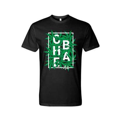 A black short-sleeved t-shirt featuring the white block letters 'C.H.E.B.A.' stacked within a white rectangular border, surrounded by green marijuana leaves. Below the rectangle is the smaller white text 'Hut'.