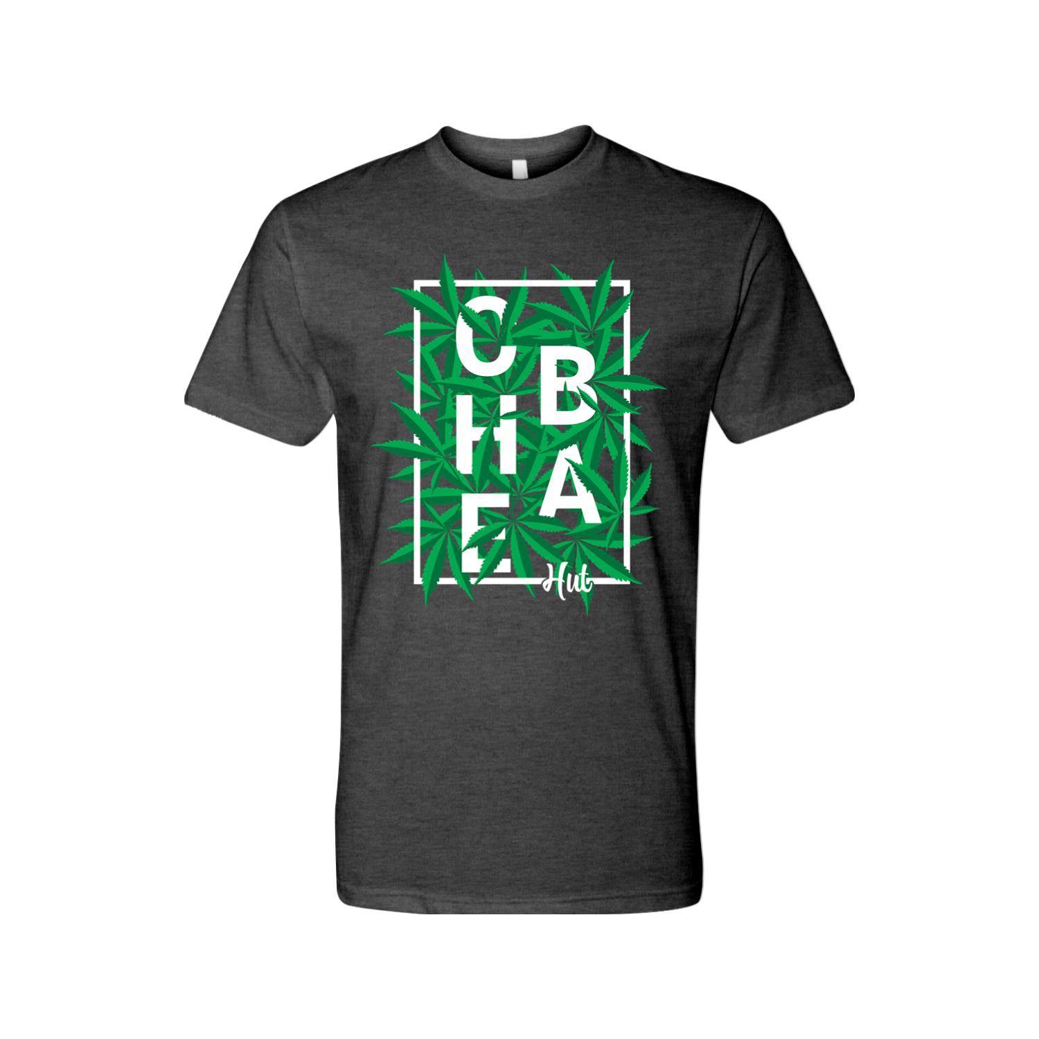 A charcoal short-sleeved t-shirt featuring the white block letters 'C.H.E.B.A.' stacked within a white rectangular border, surrounded by green marijuana leaves. Below the rectangle is the smaller white text 'Hut'.
