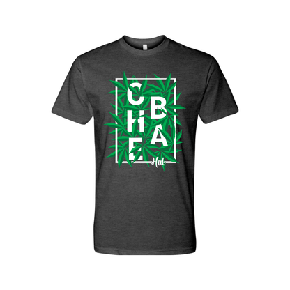 A charcoal short-sleeved t-shirt featuring the white block letters 'C.H.E.B.A.' stacked within a white rectangular border, surrounded by green marijuana leaves. Below the rectangle is the smaller white text 'Hut'.