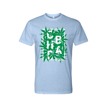 A light blue short-sleeved t-shirt featuring the white block letters 'C.H.E.B.A.' stacked within a white rectangular border, surrounded by green marijuana leaves. Below the rectangle is the smaller white text 'Hut'.