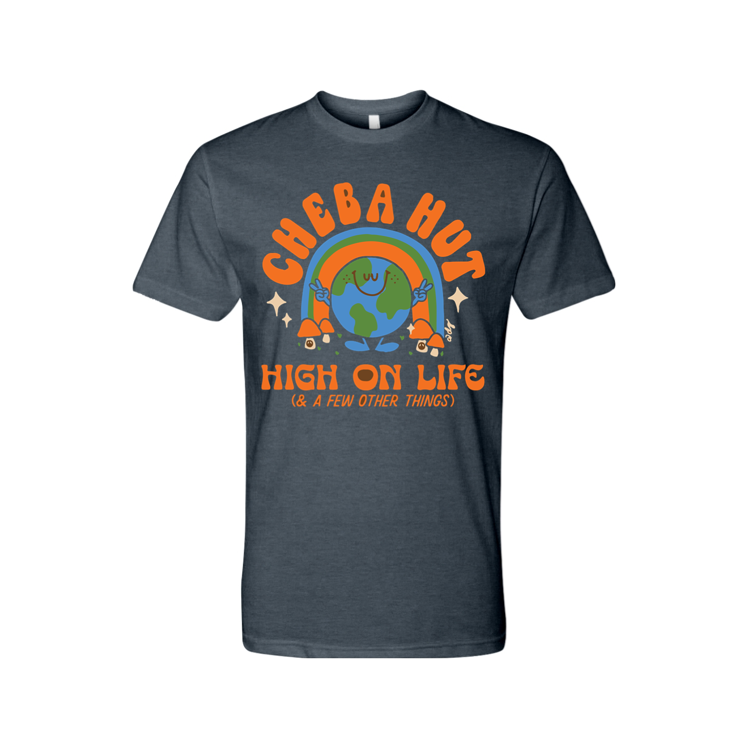 A navy blue short-sleeved t-shirt featuring a retro-style graphic with a smiling Earth under a rainbow, palm trees, and the text 'CHEBA HUT' and 'HIGH ON LIFE (& A FEW OTHER THINGS)'.