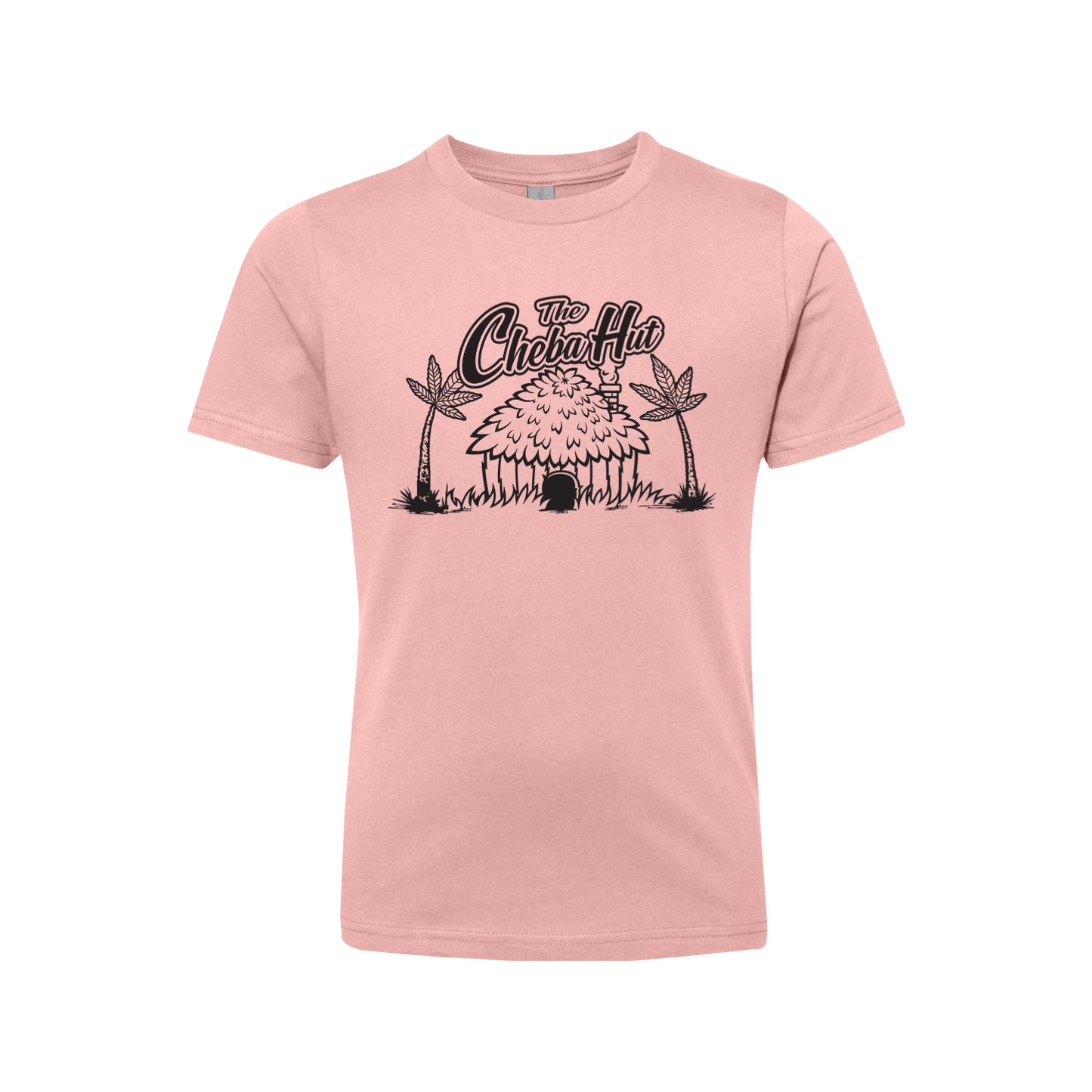 A pink short-sleeved t-shirt featuring a black line-art illustration of a thatched hut with palm trees and the 'Cheba Hut' logo.