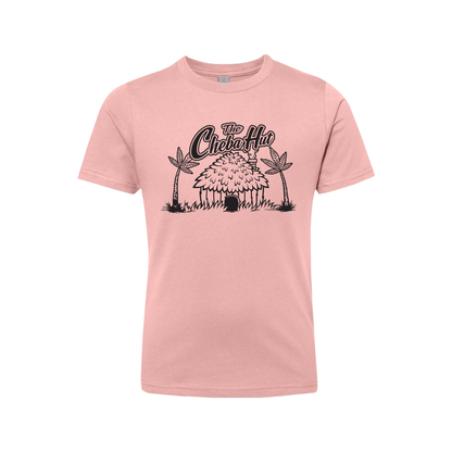A pink short-sleeved t-shirt featuring a black line-art illustration of a thatched hut with palm trees and the 'Cheba Hut' logo.