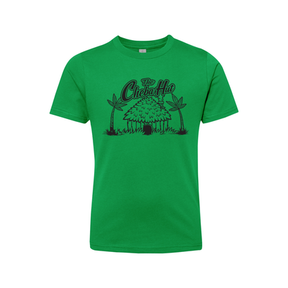 A green short-sleeved t-shirt featuring a black line-art illustration of a thatched hut with palm trees and the 'Cheba Hut' logo.
