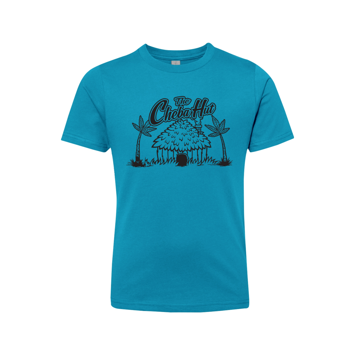 A blue short-sleeved t-shirt featuring a black line-art illustration of a thatched hut with palm trees and the 'Cheba Hut' logo.