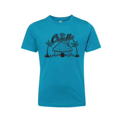 A blue short-sleeved t-shirt featuring a black line-art illustration of a thatched hut with palm trees and the 'Cheba Hut' logo.