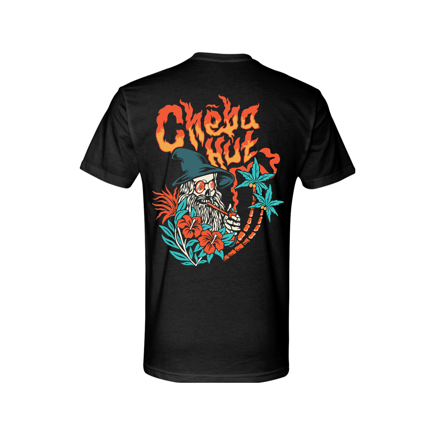 A black short-sleeved t-shirt featuring a colorful graphic on the back depicting a wizard-like figure with a long white beard, a pointed hat, sunglasses, and a pipe, surrounded by flames, hibiscus flowers, and palm trees, with the 'Cheba Hut' logo above.