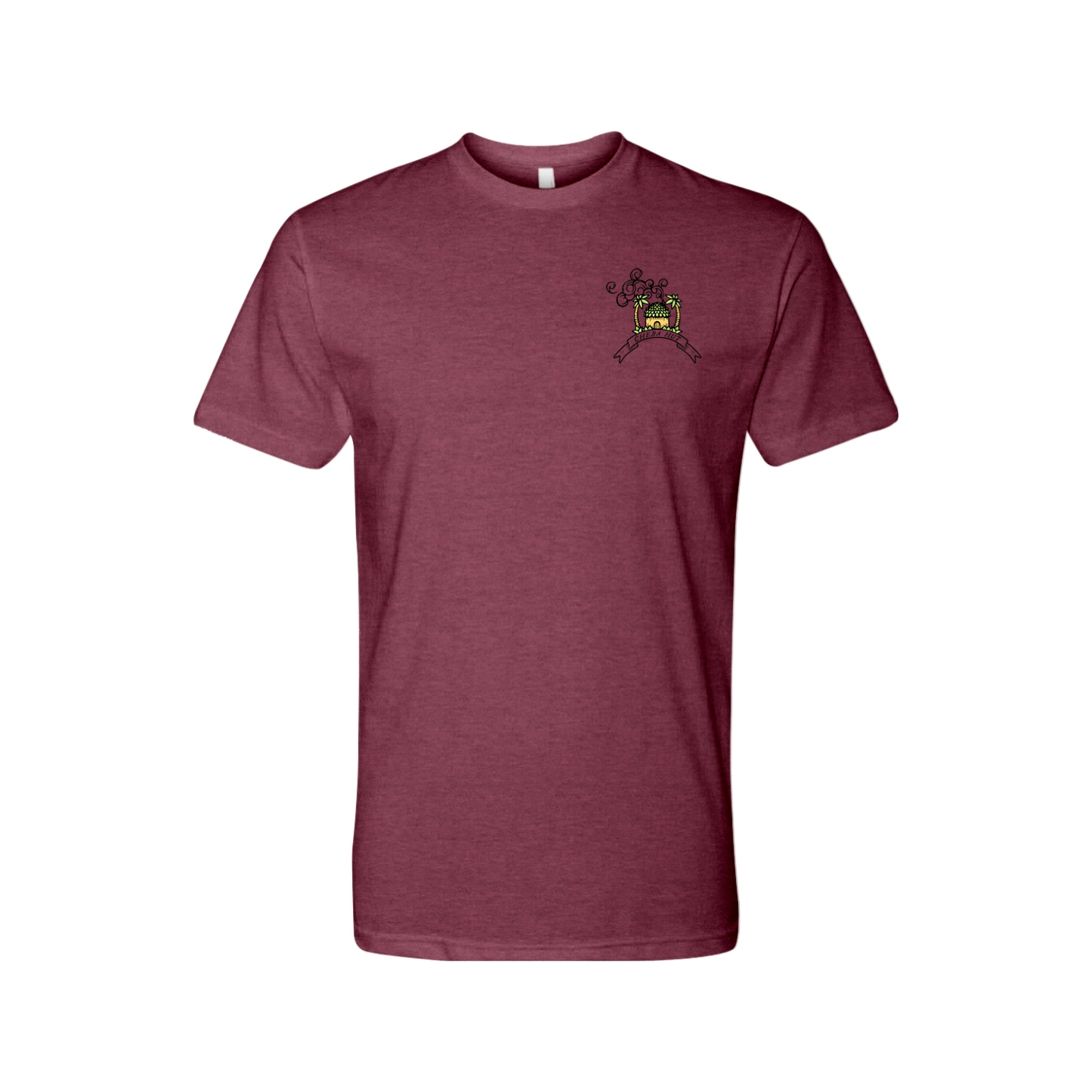 A burgundy short-sleeved t-shirt featuring a rectangular, vintage-inspired graphic on the back depicting a horned, winged figure with two smaller figures and the text 'CHEBA HUT' and 'THE DEVIL'S LETTUCE'. The front of the shirt depicts a small hut with palm trees on each side. 