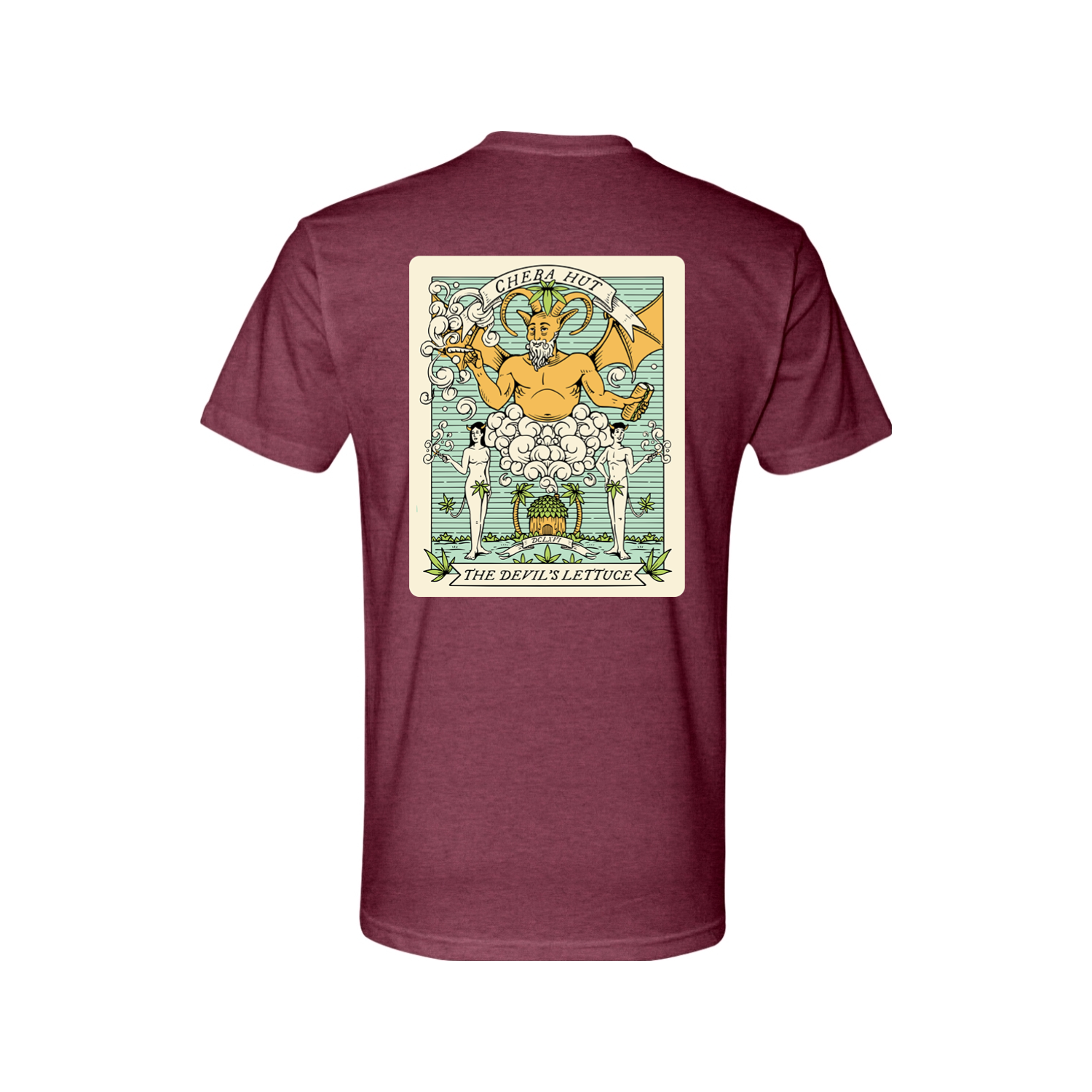 An olive green short-sleeved t-shirt featuring a rectangular, vintage-inspired graphic on the back depicting a horned, winged figure with two smaller figures and the text 'CHEBA HUT' and 'THE DEVIL'S LETTUCE'. The front of the shirt depicts a small hut with palm trees on each side. 