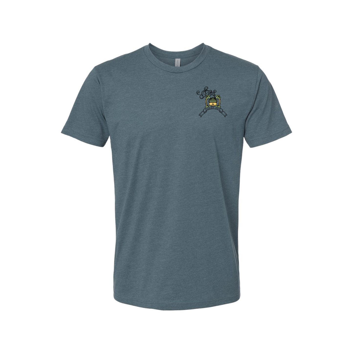A heathered blue short-sleeved t-shirt featuring a rectangular, vintage-inspired graphic on the back depicting a horned, winged figure with two smaller figures and the text 'CHEBA HUT' and 'THE DEVIL'S LETTUCE'. The front of the shirt depicts a small hut with palm trees on each side. 