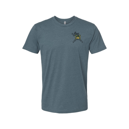 A heathered blue short-sleeved t-shirt featuring a rectangular, vintage-inspired graphic on the back depicting a horned, winged figure with two smaller figures and the text 'CHEBA HUT' and 'THE DEVIL'S LETTUCE'. The front of the shirt depicts a small hut with palm trees on each side. 
