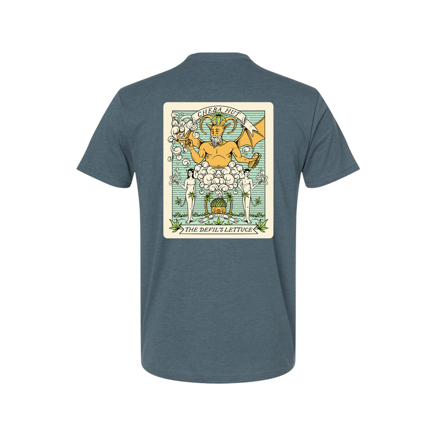 A heathered blue short-sleeved t-shirt featuring a rectangular, vintage-inspired graphic on the back depicting a horned, winged figure with two smaller figures and the text 'CHEBA HUT' and 'THE DEVIL'S LETTUCE'. The front of the shirt depicts a small hut with palm trees on each side. 