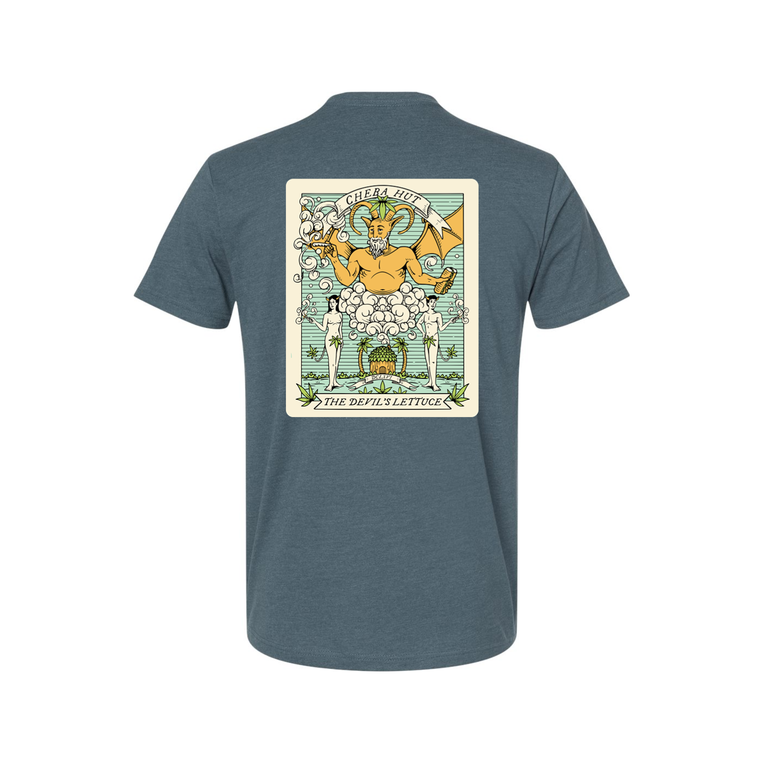 A heathered blue short-sleeved t-shirt featuring a rectangular, vintage-inspired graphic on the back depicting a horned, winged figure with two smaller figures and the text 'CHEBA HUT' and 'THE DEVIL'S LETTUCE'. The front of the shirt depicts a small hut with palm trees on each side. 