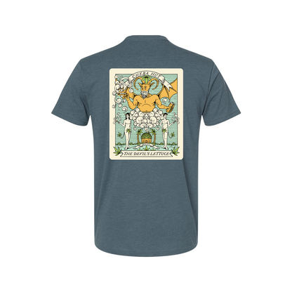 A heathered blue short-sleeved t-shirt featuring a rectangular, vintage-inspired graphic on the back depicting a horned, winged figure with two smaller figures and the text 'CHEBA HUT' and 'THE DEVIL'S LETTUCE'. The front of the shirt depicts a small hut with palm trees on each side. 