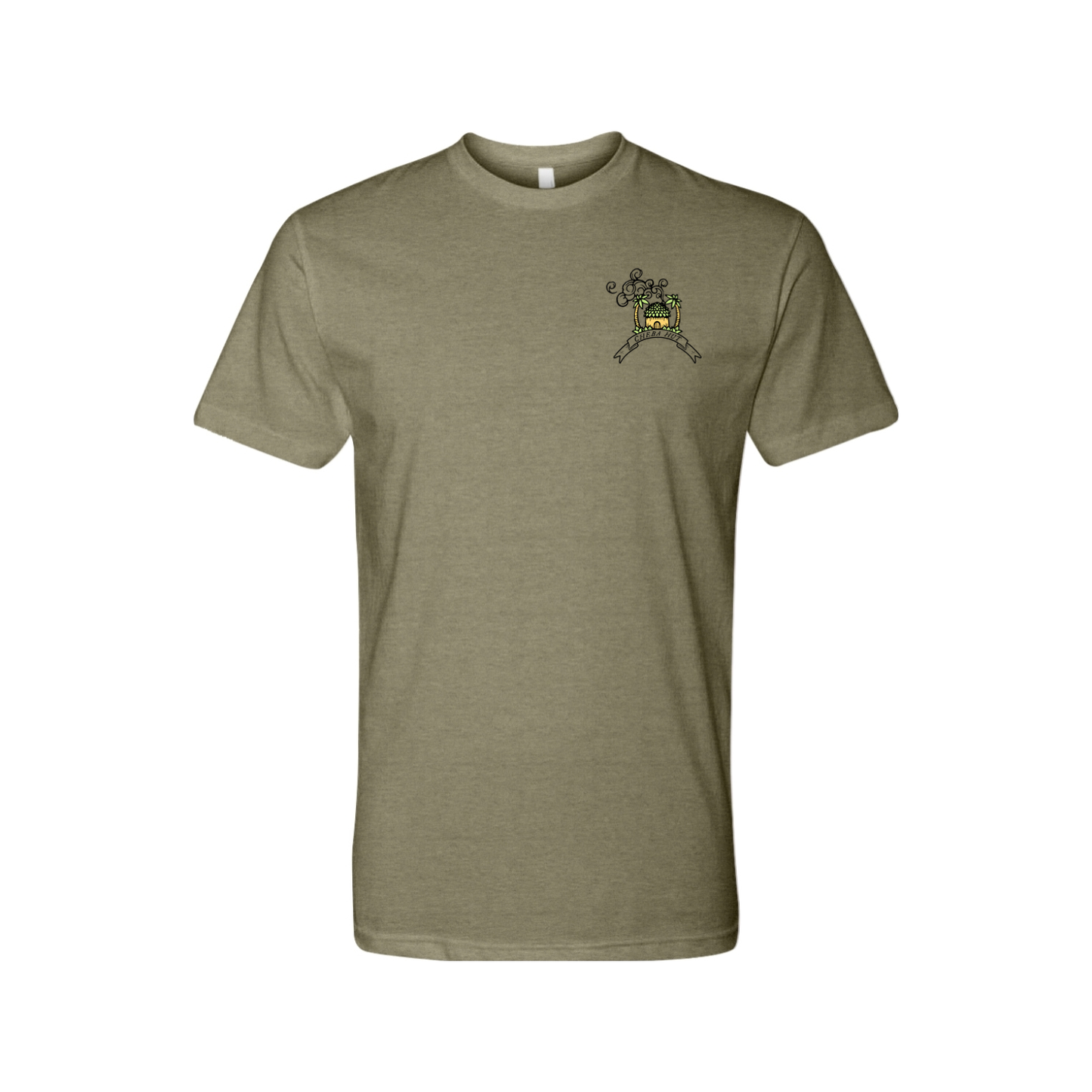 An olive green short-sleeved t-shirt featuring a rectangular, vintage-inspired graphic on the back depicting a horned, winged figure with two smaller figures and the text 'CHEBA HUT' and 'THE DEVIL'S LETTUCE'. The front of the shirt depicts a small hut with palm trees on each side. 