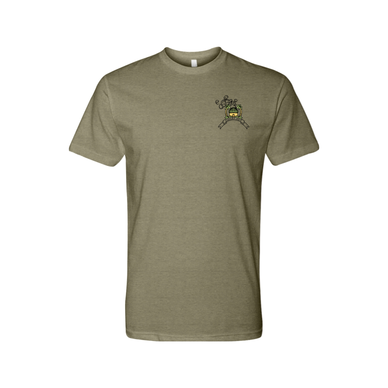 An olive green short-sleeved t-shirt featuring a rectangular, vintage-inspired graphic on the back depicting a horned, winged figure with two smaller figures and the text 'CHEBA HUT' and 'THE DEVIL'S LETTUCE'. The front of the shirt depicts a small hut with palm trees on each side. 