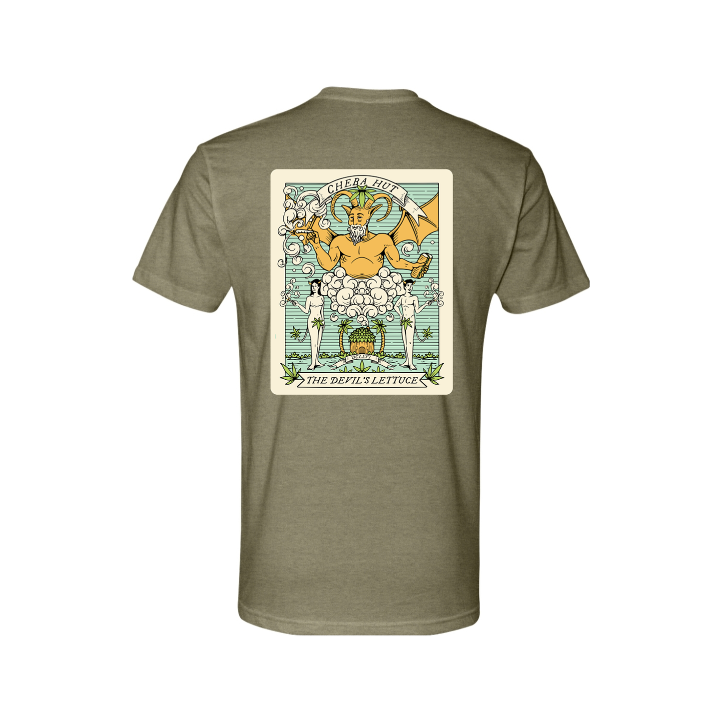 An olive green short-sleeved t-shirt featuring a rectangular, vintage-inspired graphic on the back depicting a horned, winged figure with two smaller figures and the text 'CHEBA HUT' and 'THE DEVIL'S LETTUCE'. The front of the shirt depicts a small hut with palm trees on each side. 