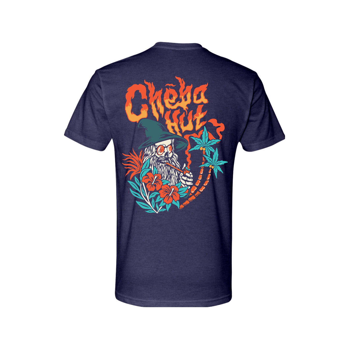 A purple short-sleeved t-shirt featuring a colorful graphic on the back depicting a wizard-like figure with a long white beard, a pointed hat, sunglasses, and a pipe, surrounded by flames, hibiscus flowers, and palm trees, with the 'Cheba Hut' logo above.